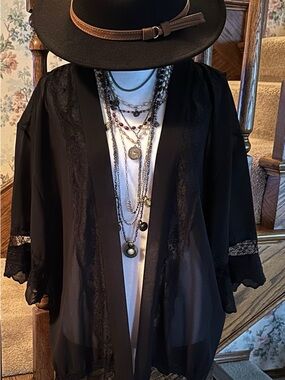 Wishlist Sheer Kimono Duster; Black W/Black Lace & Embroidered Accents; Sz S/M